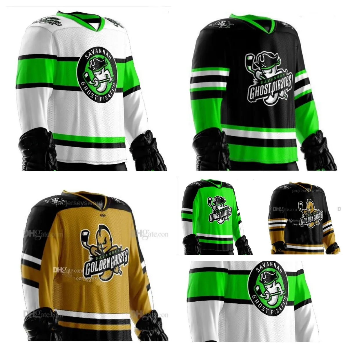 Maillot personnalisé Savannah Ghost Pirates Joe Fleming Jimmy Poreda Jett Jones Ryan Scarfo Alex Gilmour Simon Pinard Maillot Savannah Golden Ghosts cousu avec n'importe quel numéro de nom