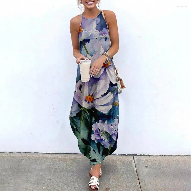 Casual jurken maxi sexy mouwloze Sundress dames bloemenprint causale halter zomer strandjurk asymmetrische dames sling lang