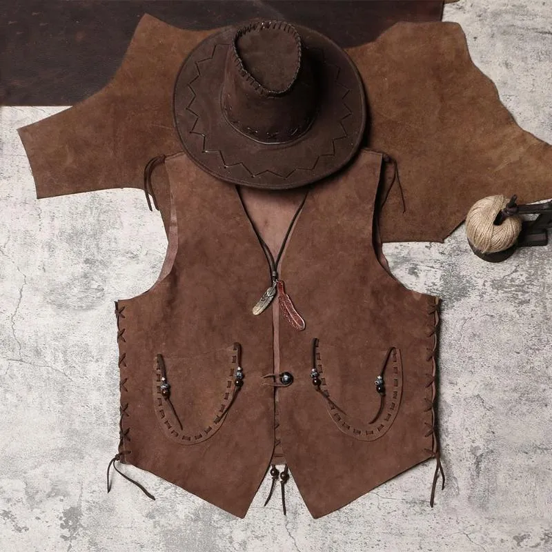 Gilets pour hommes Cowboys occidentaux de qualité équitation gilet en cuir haut vestes sans manches réversibles Vintage gilet en peau de mouton véritable