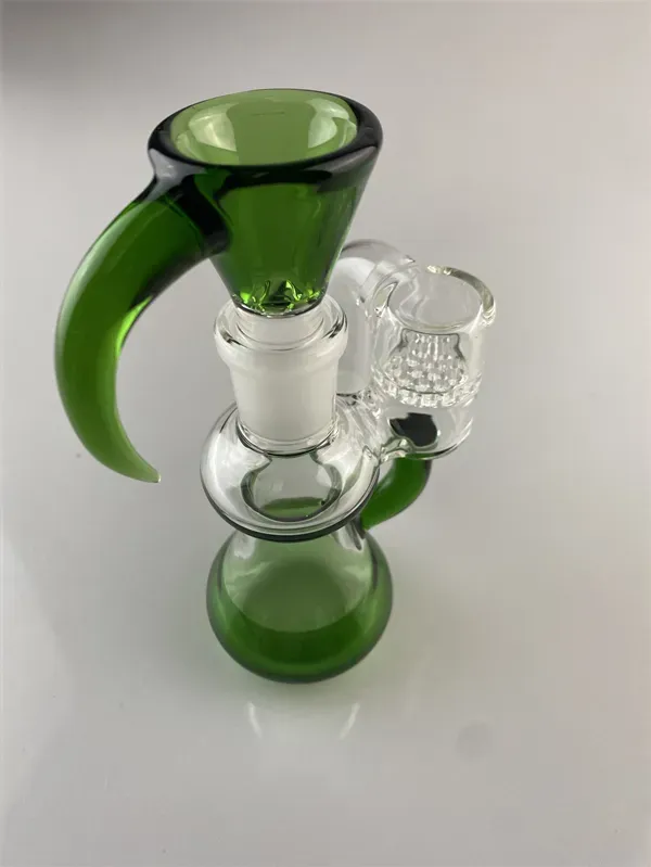 Smoking Pipes grass green bong 16 inch 18mm joint straight bent neck 2 inline percs to horn grid cap, with the same colored ash catcher and horn bowl