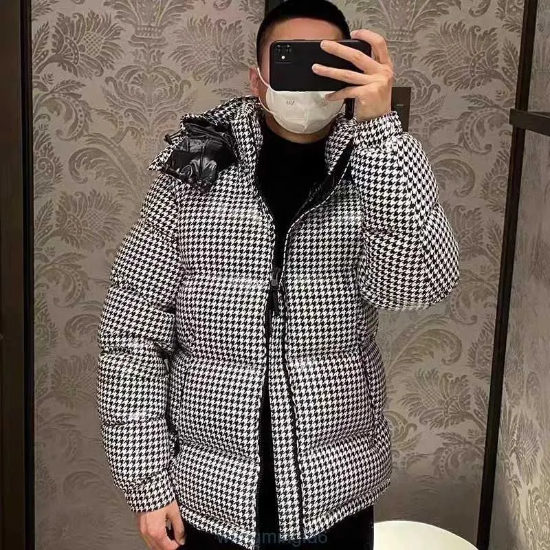 Women's Parkas Co märke Lunmengjia Fujiwara Hiroshi Thousand Bird Grid huva ner för och vinterdjockat bröd par kappa TJG2