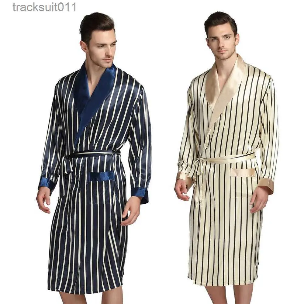 Men's Robes Mens Silk Satin Pajamas Pajama Pyjamas PJS Sleepwear Robe Robes Nightgown Robes S M L XL 2XL 3XL Plus Beige Blue Striped L231130