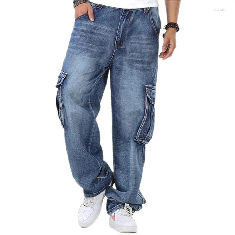 Men's Jeans Hip Hop Men Wide Leg Light Blue Denim Pants Side Flap Pocket 2024 Mens Loose Retro Bleached Streetwear