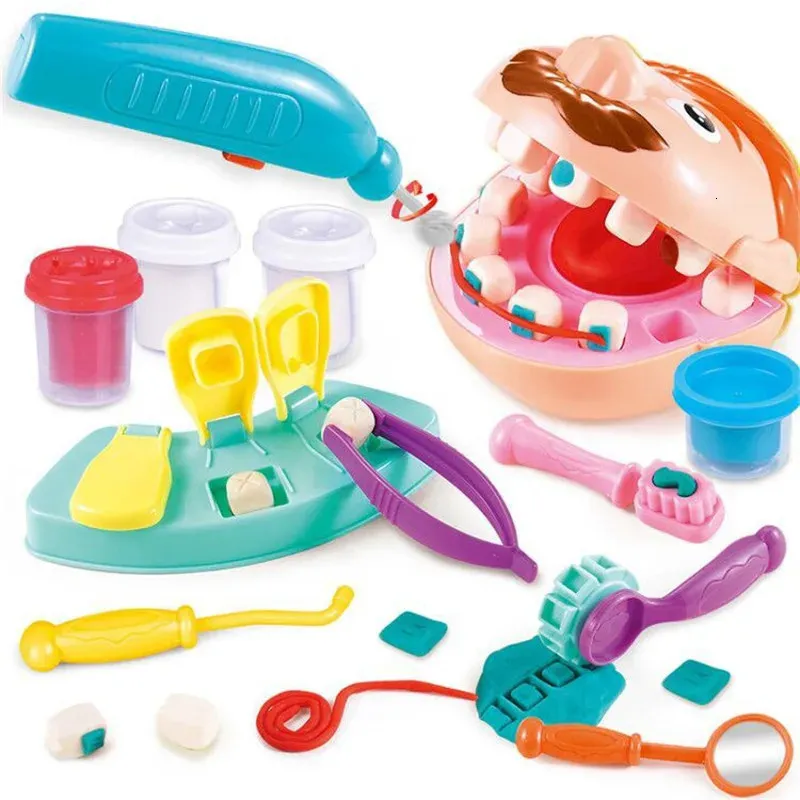 Clay Dough Modeling Children Plasticine Tools låtsas Spela Toy Dentist Kontrollera tänderna Set Mögelroll Tidiga inlärningsleksaker 231129