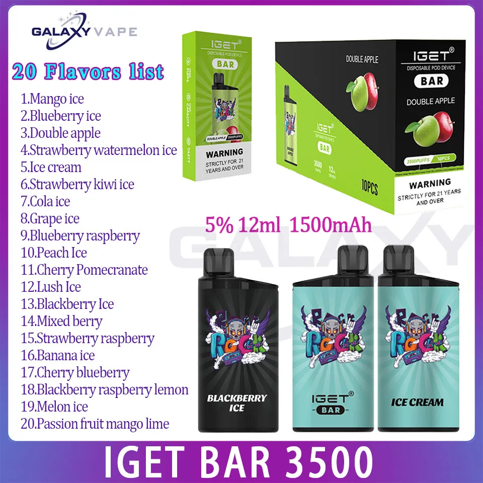 Original IGET BAR 3500 Puff Vape desechable 20 sabores 1500mAh Batería Cigarrillo electrónico Puffs 3500 12ml Pod precargado