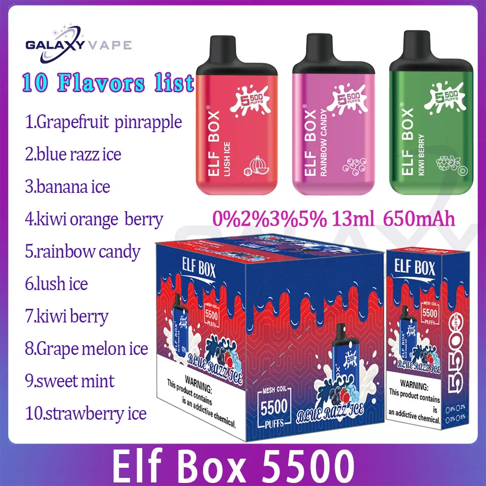 Authentic Elf Box 5500 Puff Электронная сигарета 650 мАч Аккумулятор 13 мл Предварительно заполненная капсула Одноразовые сигареты для вейпа 5500 10 вкусов