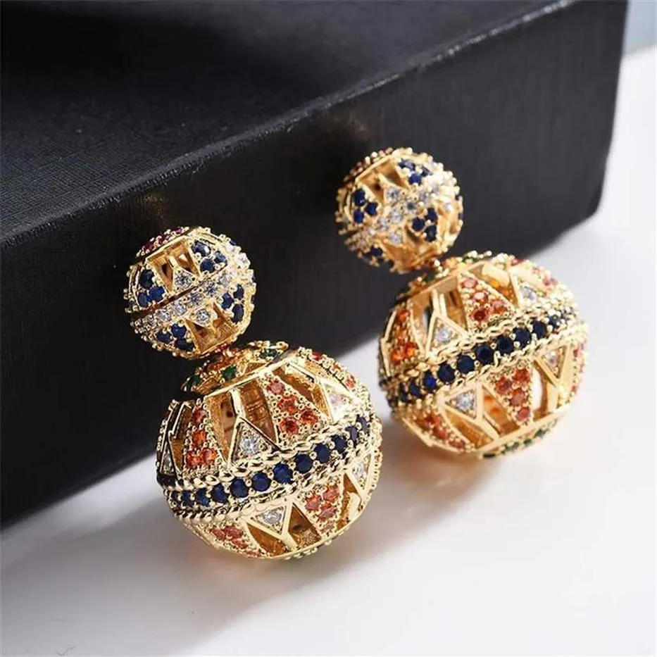 Luxe creux concepteur coloré Zircon deux côtés boule boucles d'oreilles Vintage Enthic bijoux pour les femmes cadeau de fête Zk30 220125274H