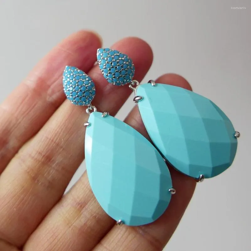 Boucles d'oreilles pendantes grand bleu Turquoise pierre naturelle 45mm longue goutte d'eau 925 argent aiguille bijoux de fête pour les femmes