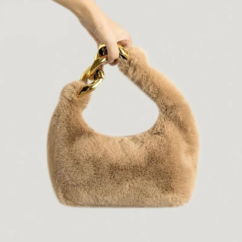 Wallets Faux Fur Tote Plush Half Moon Bag Metal Chain Shoulder Winter Ladies Clutch Wallet Furry Short Handle Wrist