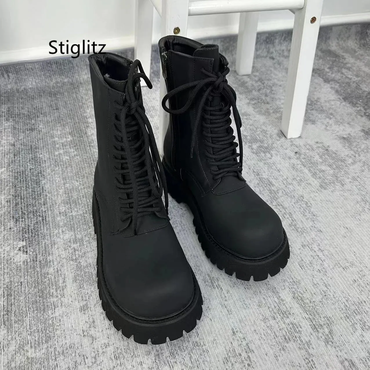 Boots Black Lace Up High Top Men British Style Big Head Thick Bottom Zip Chelsea Ankle Work Couple Shoes 231130