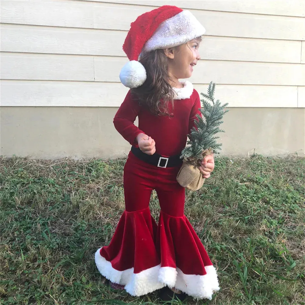 Clothing Sets Kids Girls Christmas Costume Santa Claus Toddler Baby Clothes Long Sleeve Top Bell Bottom Pants 3PCS Year Outfits 231130