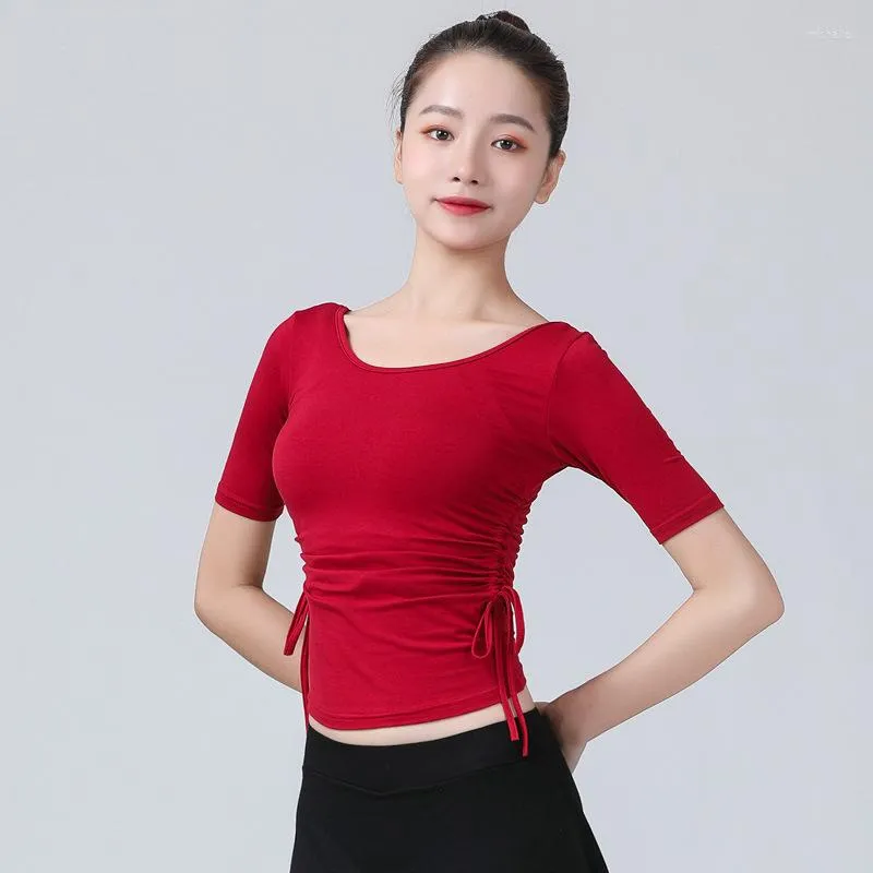 Vêtements de scène chemise de danse moderne pour femmes adulte été à manches courtes cordon de serrage coupe ajustée haut d'exercice Modal vêtements de pratique classique