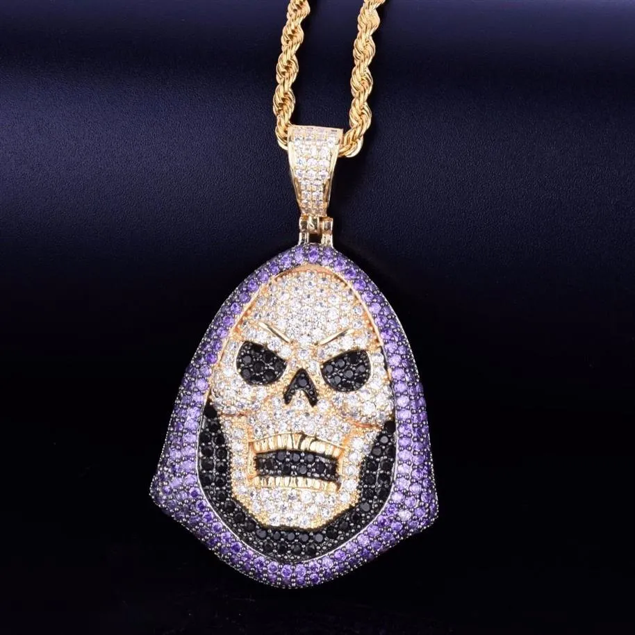 Hoody Skull Purple Stone Netclace Netclace Chaint Caint Gold Silver Iced Out Zirconia Hip Hop Rock Jewelry2671