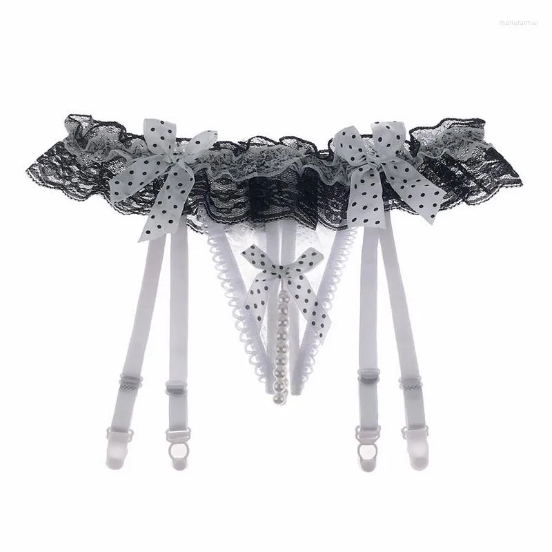 Sexy Lace Bow Doggy Panties With Pearls Transparent Garter Thong And G