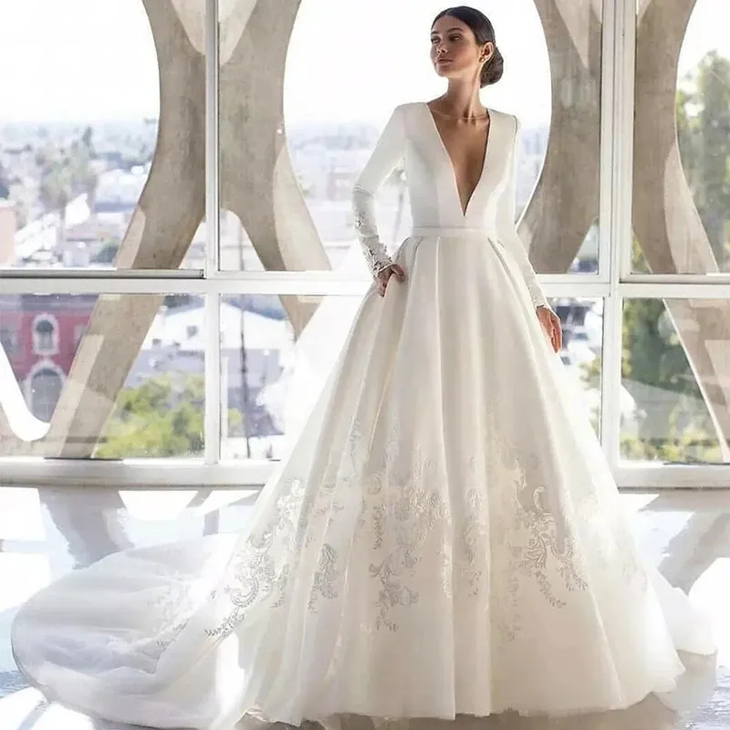 2024 A-linie Frauen Hochzeit Kleid V-ausschnitt Langarm Spitze Appliques Tasten Zurück Satin Braut Kleider Plus Größe Süße Vestido de Noiva