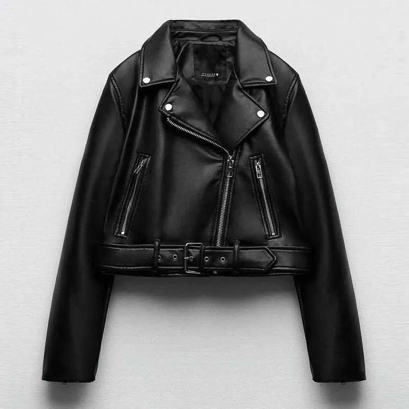 Spring Autumn Black Washed Leather Croped Coat Women Fashion Belted Zipper Slim Short Faux Pu Jacket