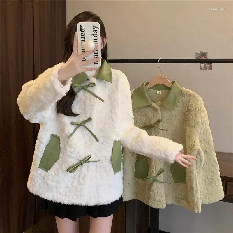 Manteau d'hiver surdimensionné en fourrure et laine d'agneau intégré pour femme, boucle dissimulée, ample, épais, décoration avec nœud chaud