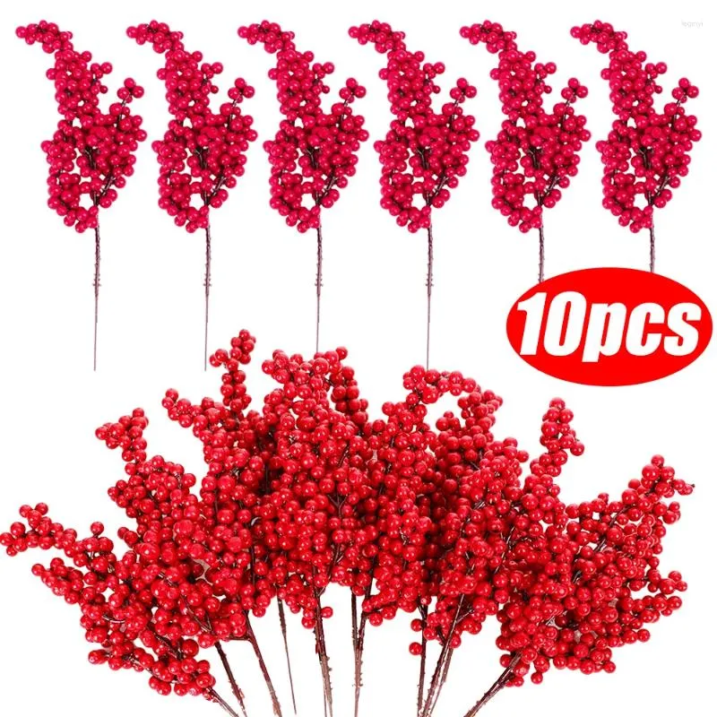 Decoratieve Bloemen 10/1 Stuks Kerst Kunstmatige Bessen Tak Rode Hulst Diy Krans Kerstboom Ornamenten Jaar Tafeldecoraties