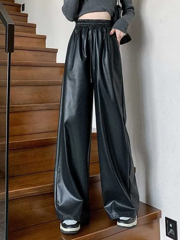 American retro fashion PU leather pants 2023 autumn and winter new fashion brand wide legs loose spice matte casual drag leather pants L231026