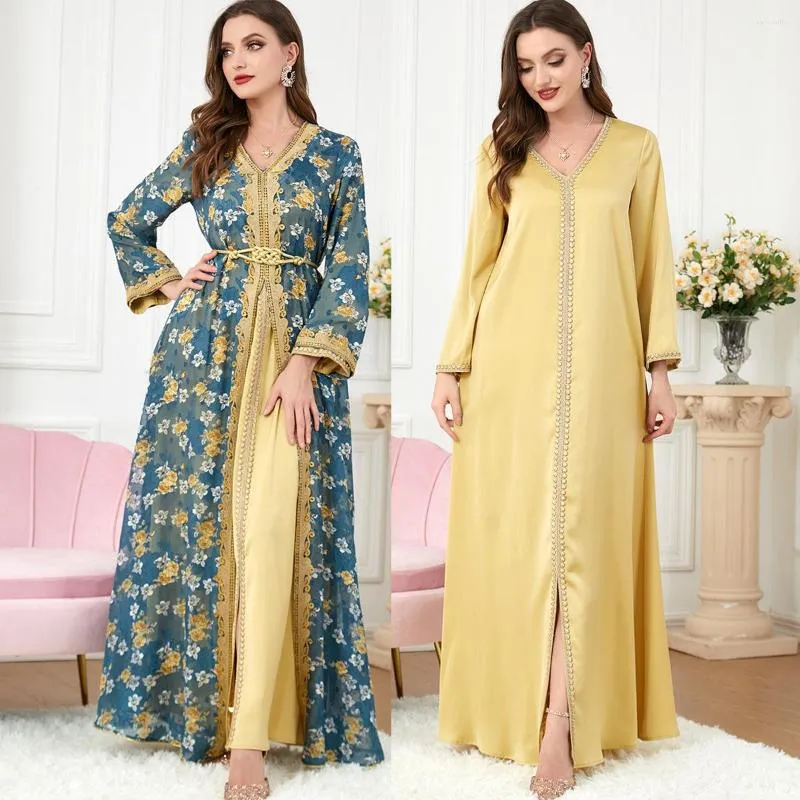 Roupas étnicas modestas muçulmanas 2 peças vestido abaya guipura árabe renda ramandan eid manto cardigan vestidos longos kimono jubah thobe islâmico