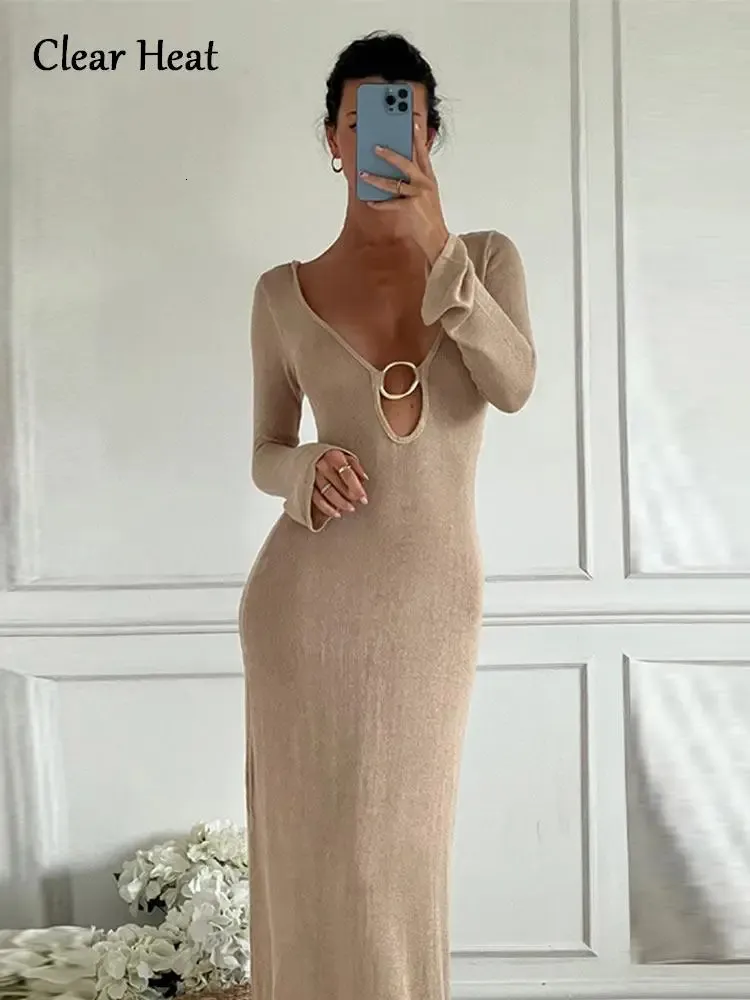 Elegant Hollow Out V Neck Knitted Maxi Dress For Women Basic Casual Dress With Flare Long Sleeves Cut Out Slim Fit Perfect For Beach And Vacation Lady Vestidos 231129 From Kong01 51.14