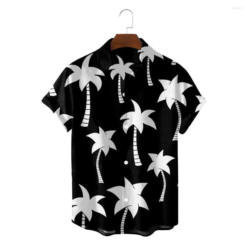 Mäns avslappnade skjortor hawaii skjorta palmträd tryckt kort ärm tee toppar kontrasterande färger plus size cardigan lapel t-shirts män sommar