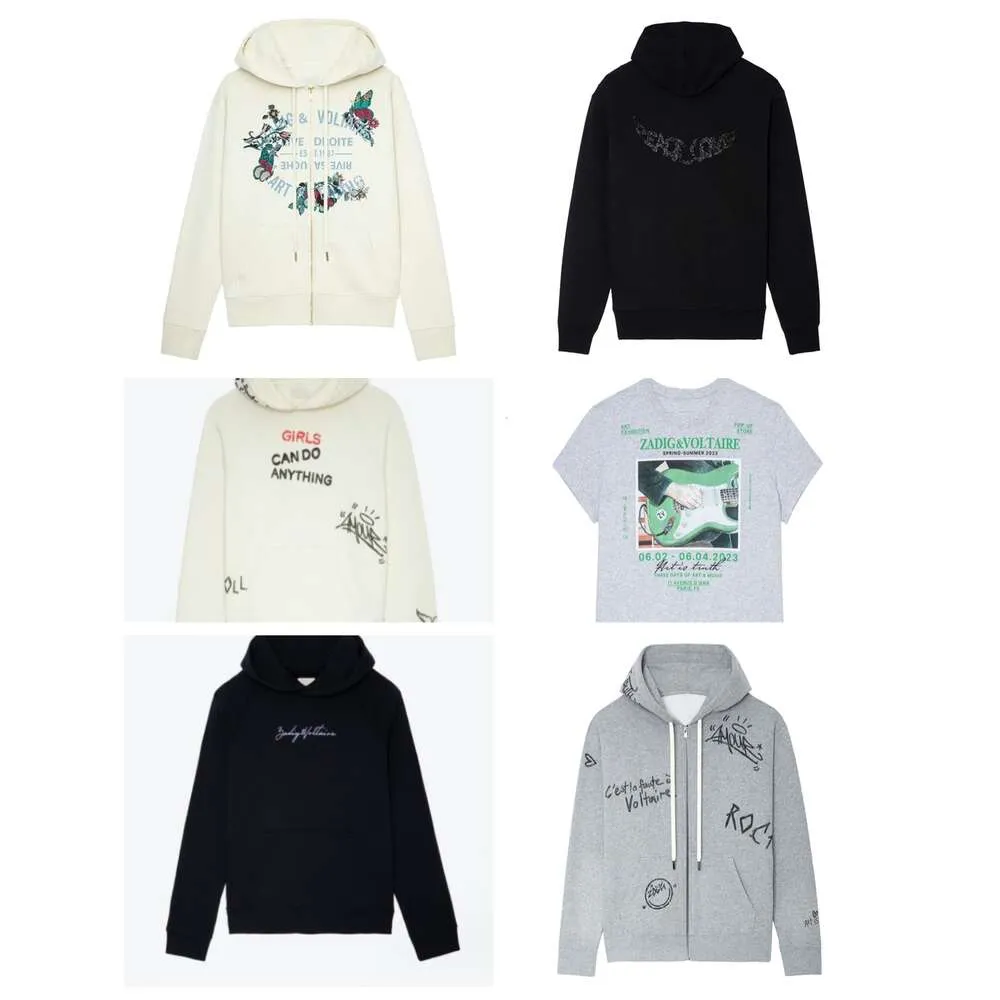 23AW Zadig Voltaire Designer-Pullover Ganzkörper-Graffiti-Buchstabendruck gepolsterte ZV-Reißverschlussjacke Damen-Kapuzen-Sweatshirt