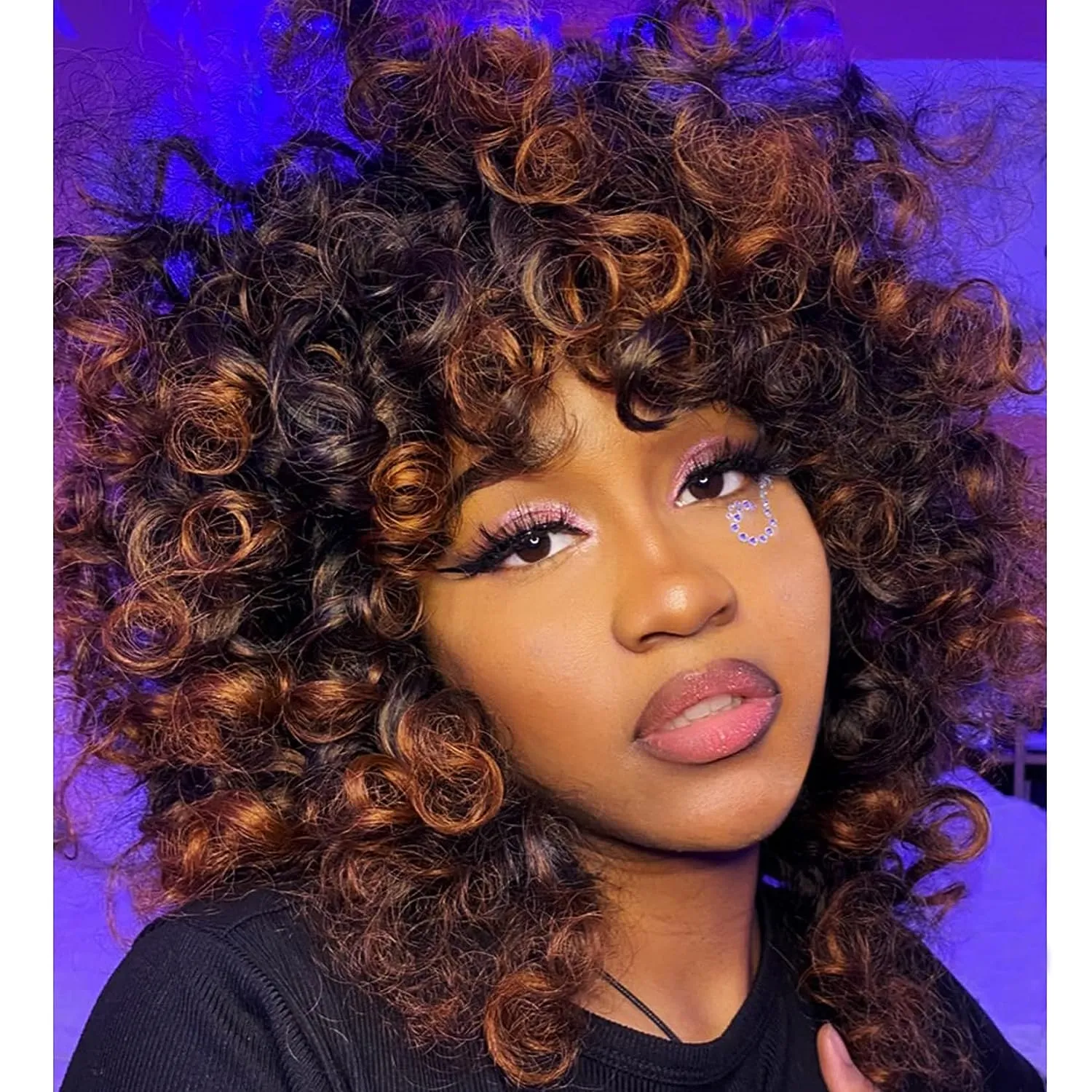 Ombre Bouncy Curly Wigs for Black Women lace front Brown Short funmi curl colored with Bangs Soft Afro Kinky Curly human Wig for African American Women
