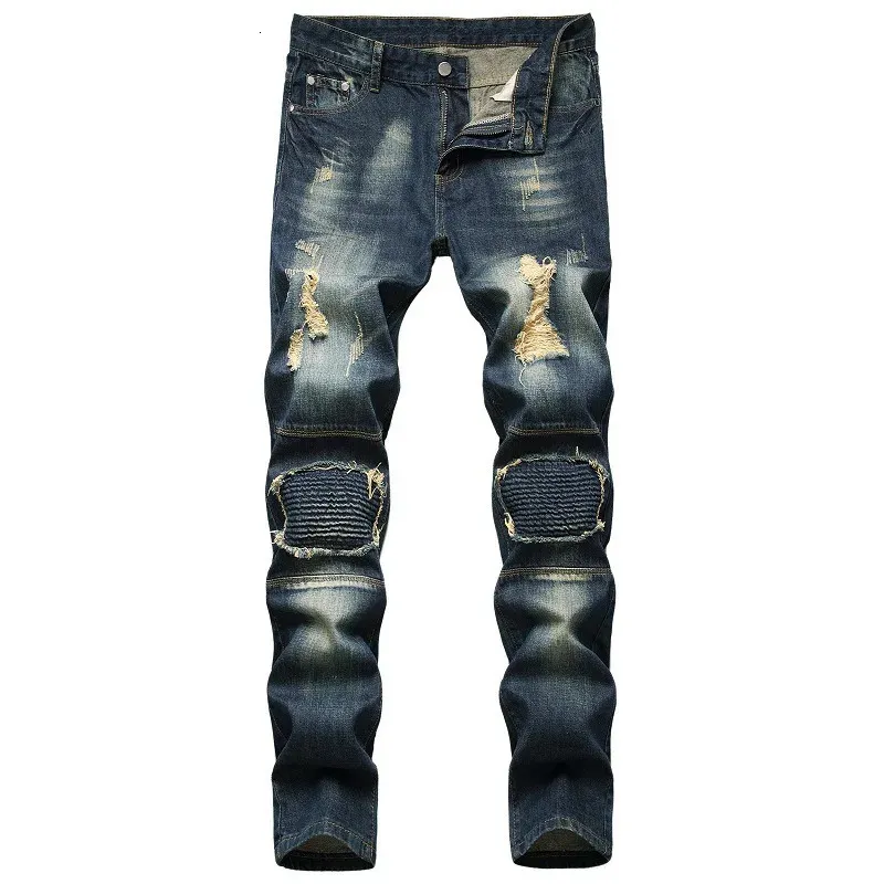 Heren jeans mannen denim European en Amerikaanse persoonlijkheid nostalgisch gescheurde hoge kwaliteit beschadigde gat trendy broek plus maat 40 42 231129