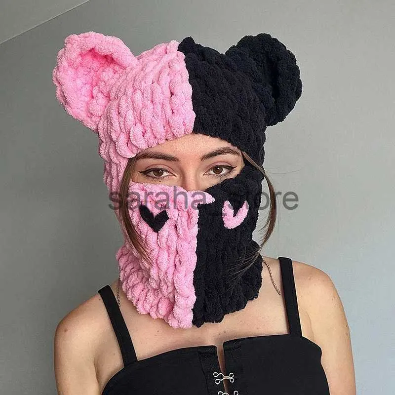 Muts/schedelmutsen Grappige oren Gebreide muts Muts Contrastkleur Hart Creatief Herfst Winter Warm Volledig gezicht Ski Facewear Caps Winddichte muts voor dames J231130