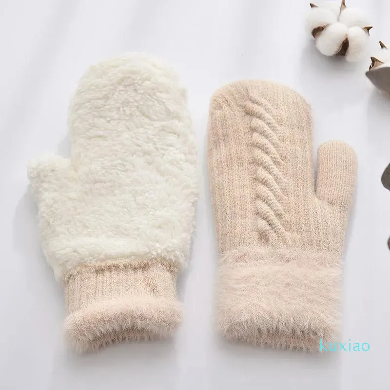 Lüks-kadın kışlık sıcak eldivenler Kore versiyonu peluş kalınlaştırılmış soğuk prova çift katmanlı örgü açık bisiklet severler eldiven eldiven