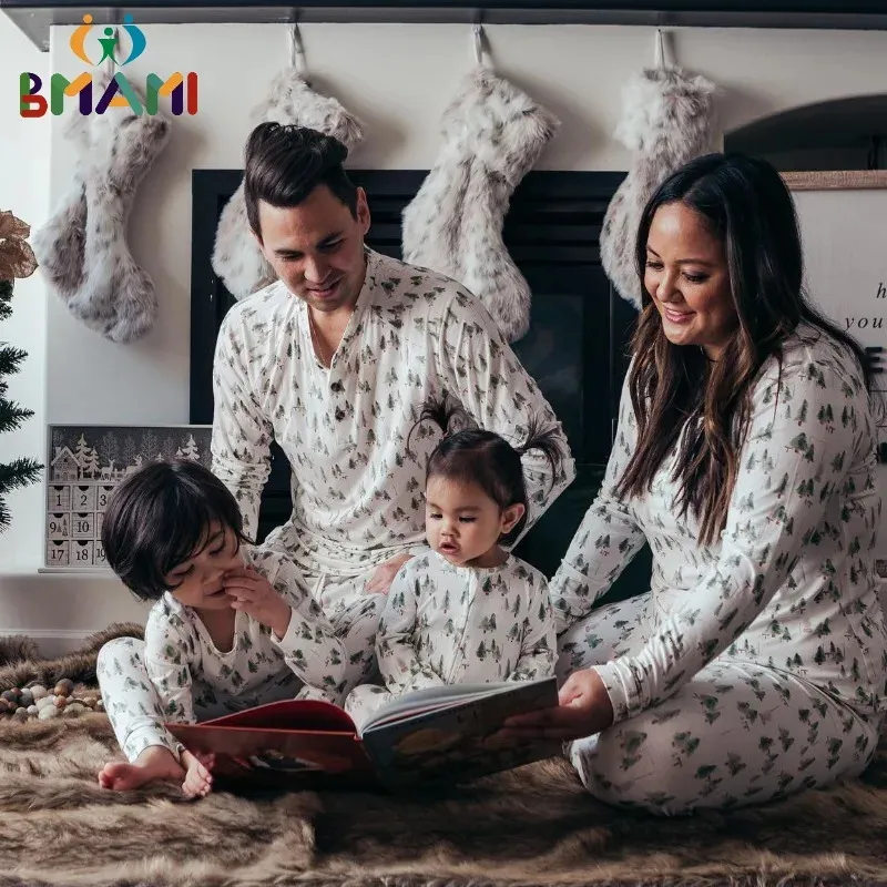 Famille correspondant tenues blanc feuille de Noël motif imprimé parent enfant vêtements de nuit ensemble à manches longues hauts pantalons pyjamas de Noël 231129