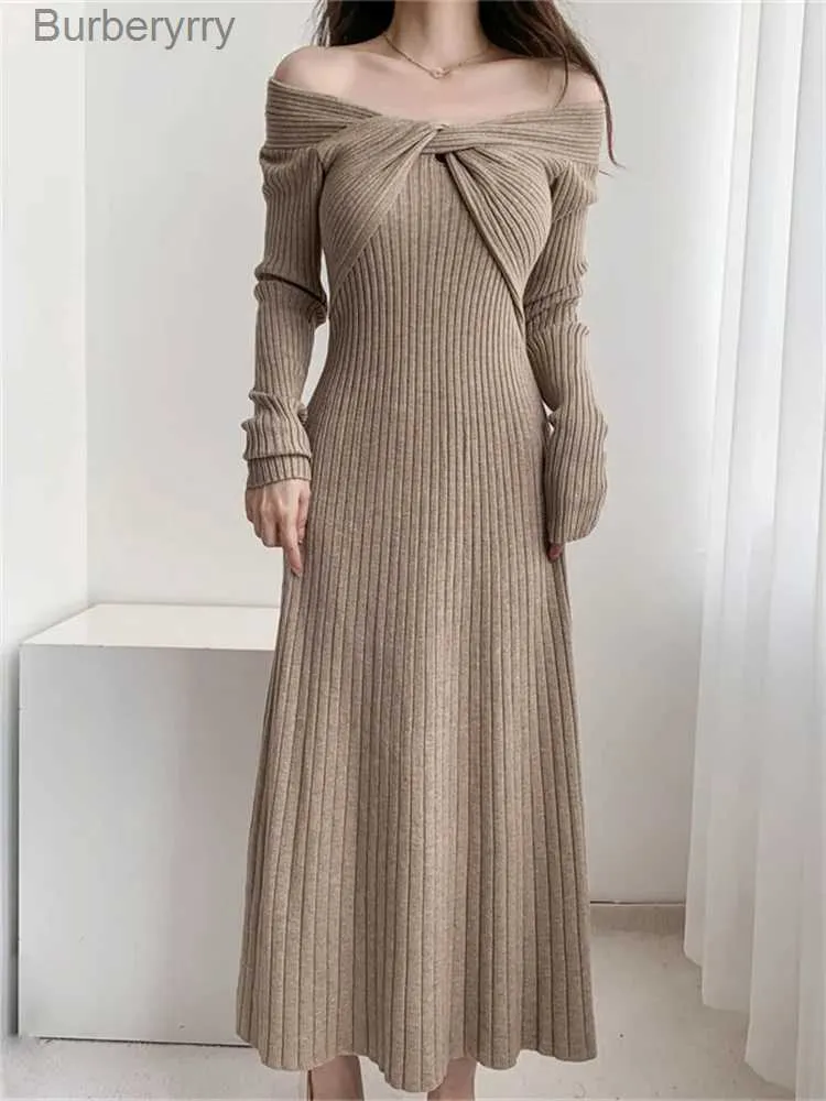 Basic Casual Jurken Franse Lange Jurk Vrouwen Elegante Gebreide Jurk Fe Sexy Een Schouder Slanke Trui Jurken Dames Herfst Winter Warm DressL231130