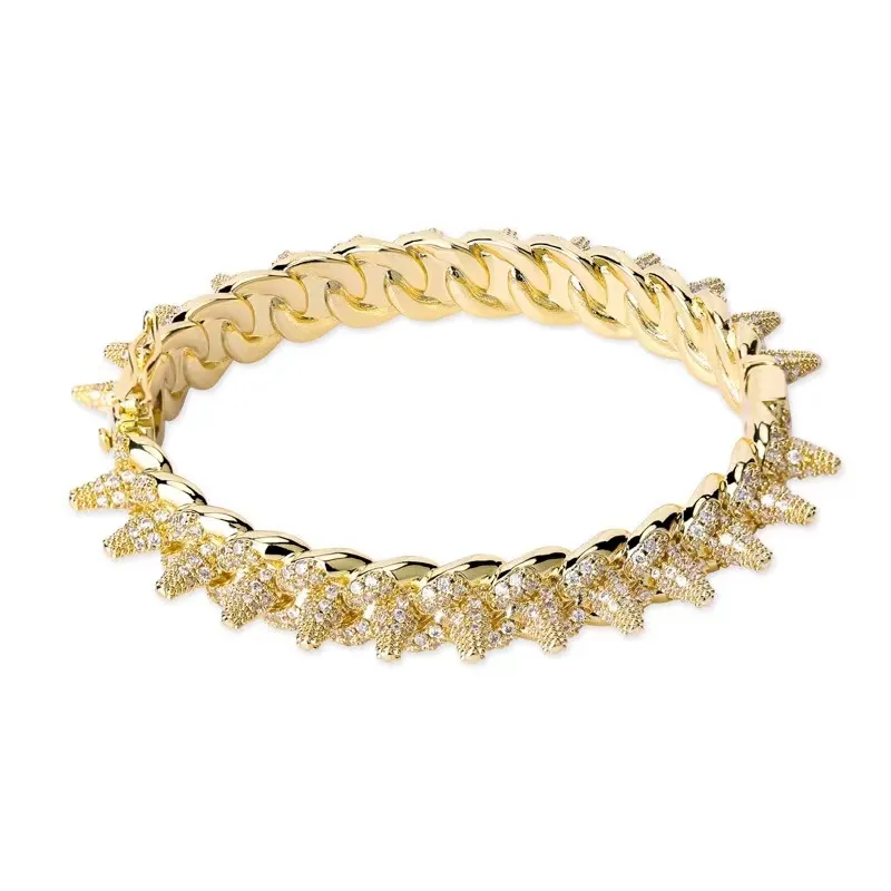 Bracelet à rivets en or glacé pour hommes, en Zircon, style Hip Hop, en cuivre, couleur or blanc 14K