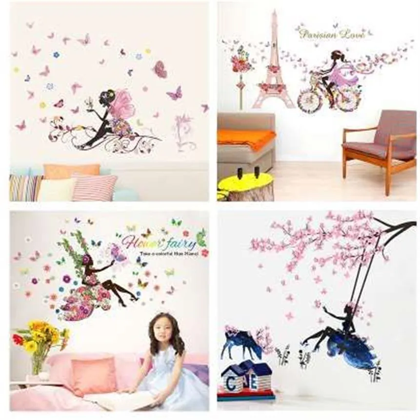 Papillon fleur fée Stickers muraux pour chambres d'enfants chambre décor bricolage dessin animé Stickers muraux Art Mural PVC affiches enfants Gi2526