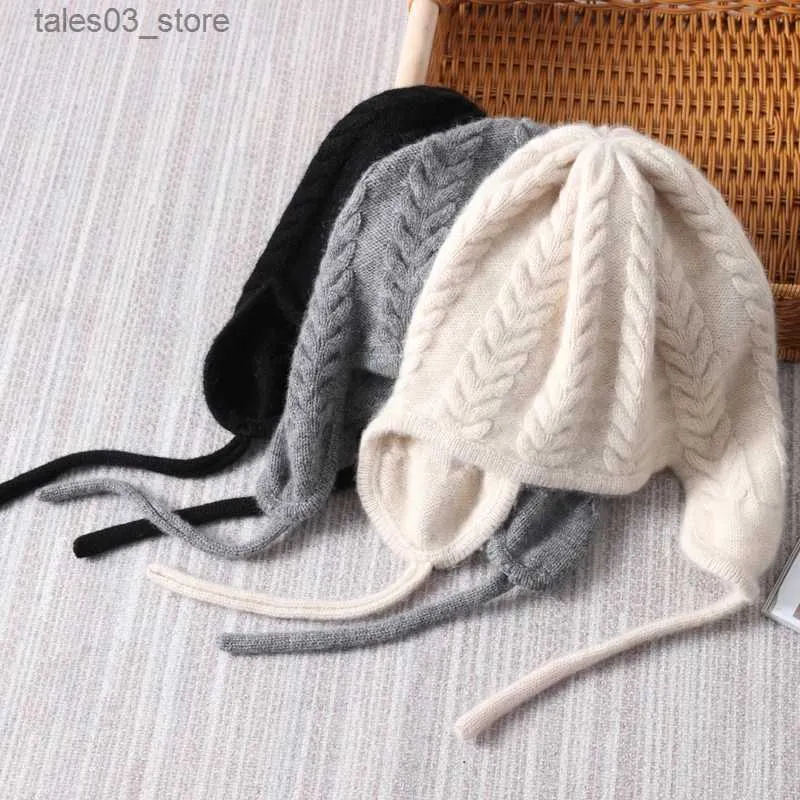 Beanie/Skull Caps Women Autumn Winter Cashmere Wool Knit Bomber Hat Cable Thick Warm Soft Earmuff Russian Caps Warm Light Real Pashmina Guaranteed Q231130