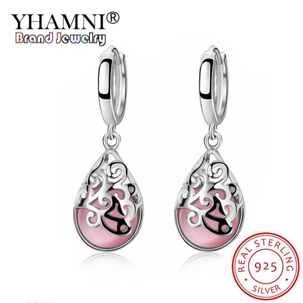 YHAMNI Original Plata de Ley 925 piedra de ópalo redonda pendientes grandes para mujer moda temperamento piedra lunar Brinco LVES6568293x