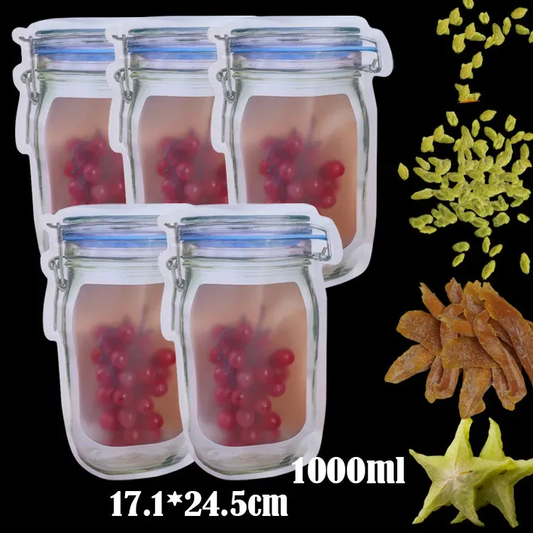 Reusable Jar Shape Zipper Bag Plastic Mylar Bags Zip Lock Leakproof Food Saver Storage Bag Freezer Biscuit Snack Cookies Mylar Ziplock Bags