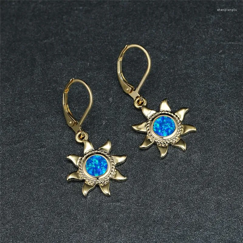 Hoop Earrings Female Cute Sun Flower Blue White Opal Round Stone Dainty Gold Silver Color Engagement For Women