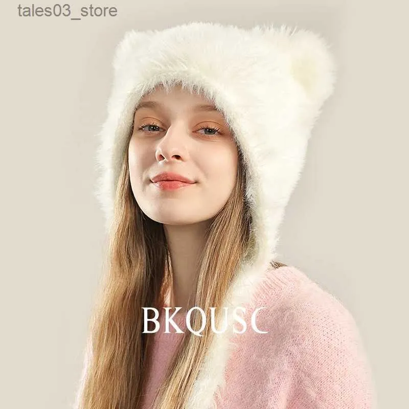 Beanie/Skull Caps Mink Fur Cartoon Cat Ear Women's Bomber Hat Solid Color Winter Warm Luxury Soft Fluffy Earfap Cap Kvinnlig Sticking Beanies Q231130