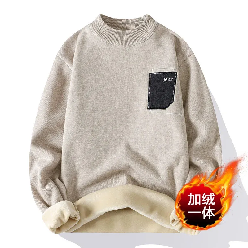 Mens Sweaters Men Autumn Winter Sweater Fashion Knitted Mock Neck Thick Fleece Inside Solid Color Casual Pullovers 231129