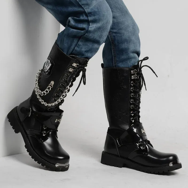 Buty skórzany łańcuch motocyklowy Mid Calf Platform Gothic Belt Punk For Men Designer Biker 231130