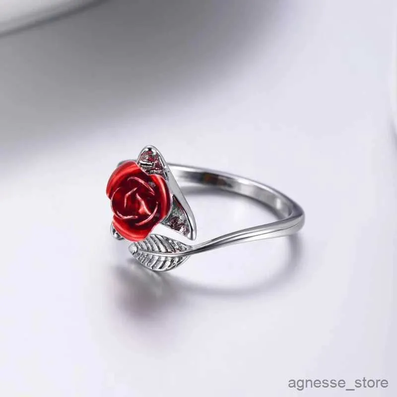 Band Rings Red Rose Flower Leaves Opening Ring For Women Flowers Adjustable Finger Ring Valentine's Day Engagement Jewelry Gift R231130