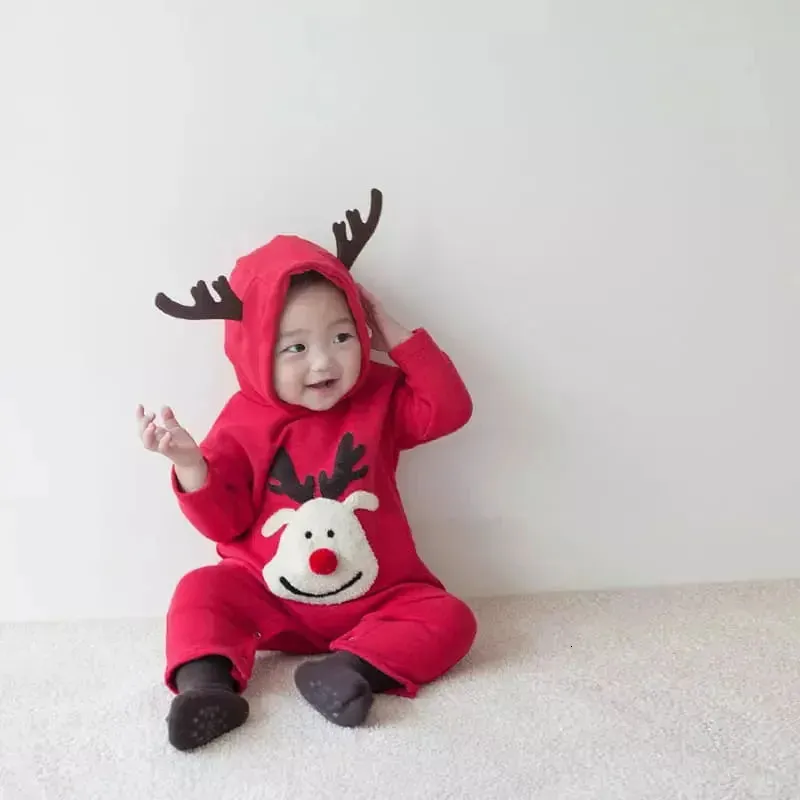 Rompers Autumn Winter urodzony Baby Christmas Hooded Boy Chłopca niemowlę haft haftowy jelenie romper kid botton gruba na kawałku 231129