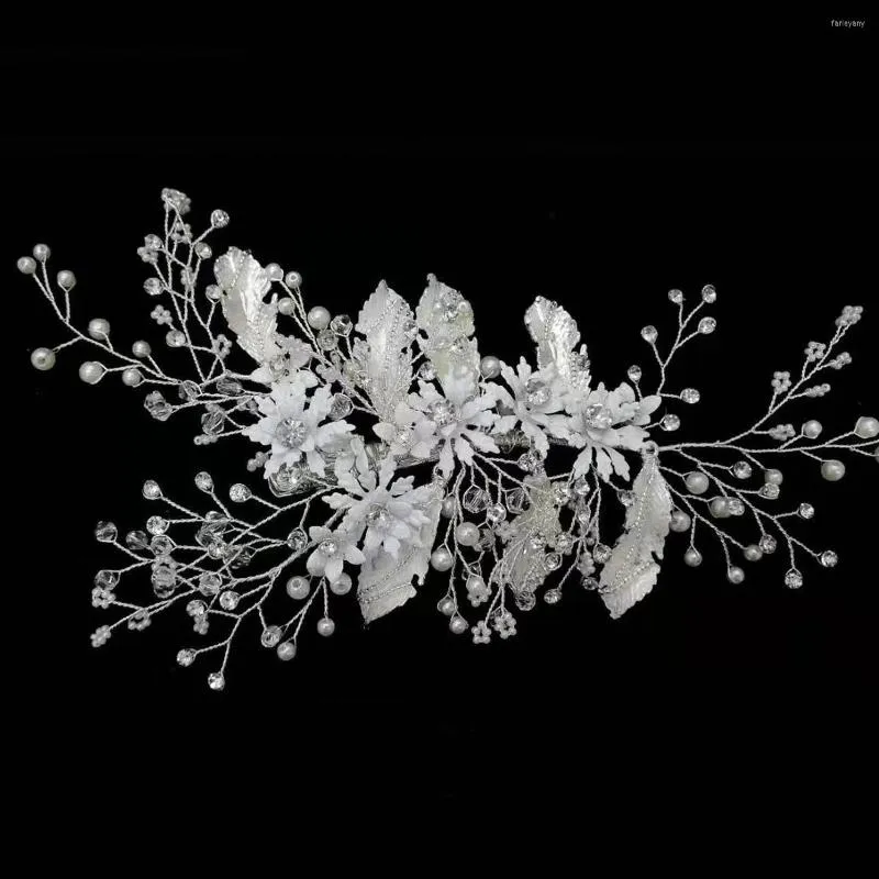 Haarspangen Handgefertigte Strasssteine Kristallperlen Weiße Blume Blatt Brautspangen Haarspangen Hochzeit Accessoires Frauen Schmuck