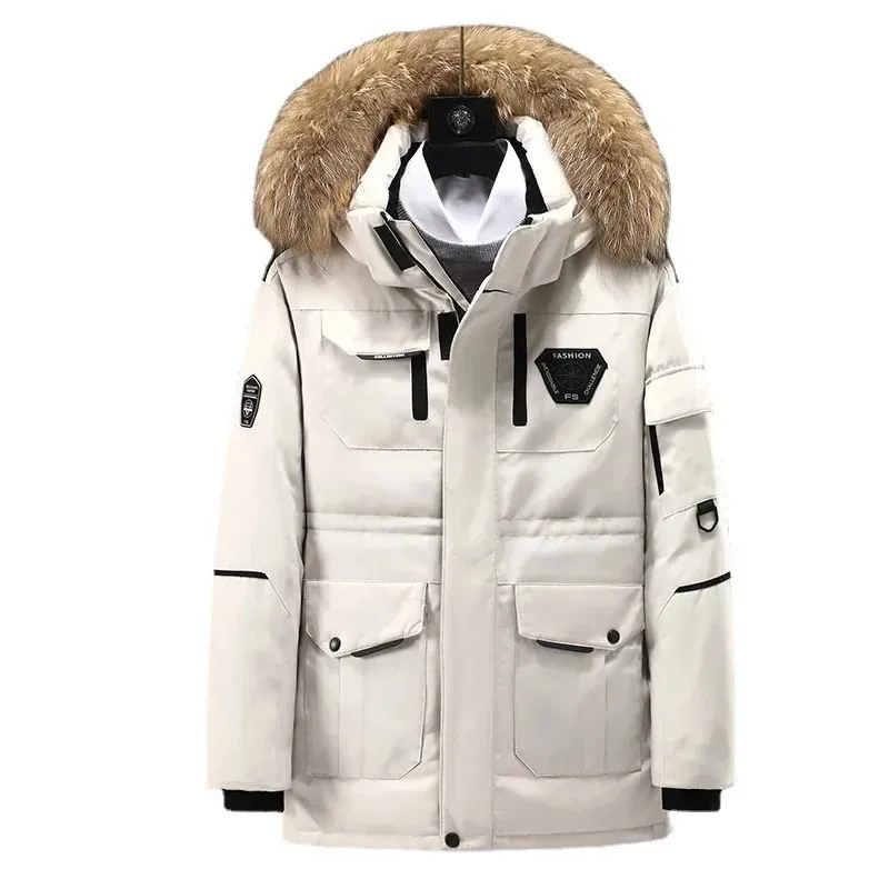 Erkek ceketler kış aşağı ceket sıcak kapüşonlu beyaz ördek anorak erkek parka orta uzun sürülebilir kürk yaka ceket su geçirmez erkek 231129