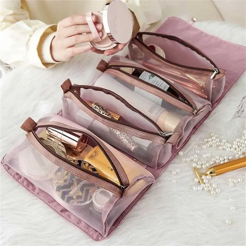 4 pezzi in 1 borsa per cosmetici per donna cerniera in rete separabile borsa per cosmetici donna pieghevole corda in nylon trucco Kosmetyczka 220125277z