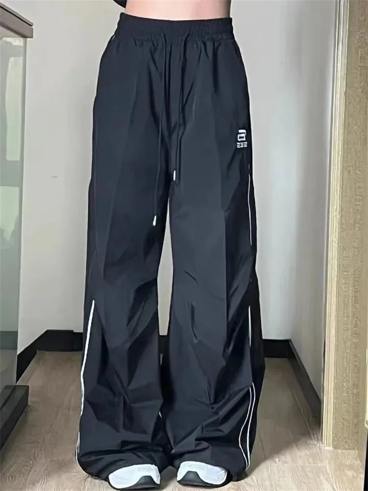 Y2K Mens Black Cargo Polyester Track Pants Womens Streetwear