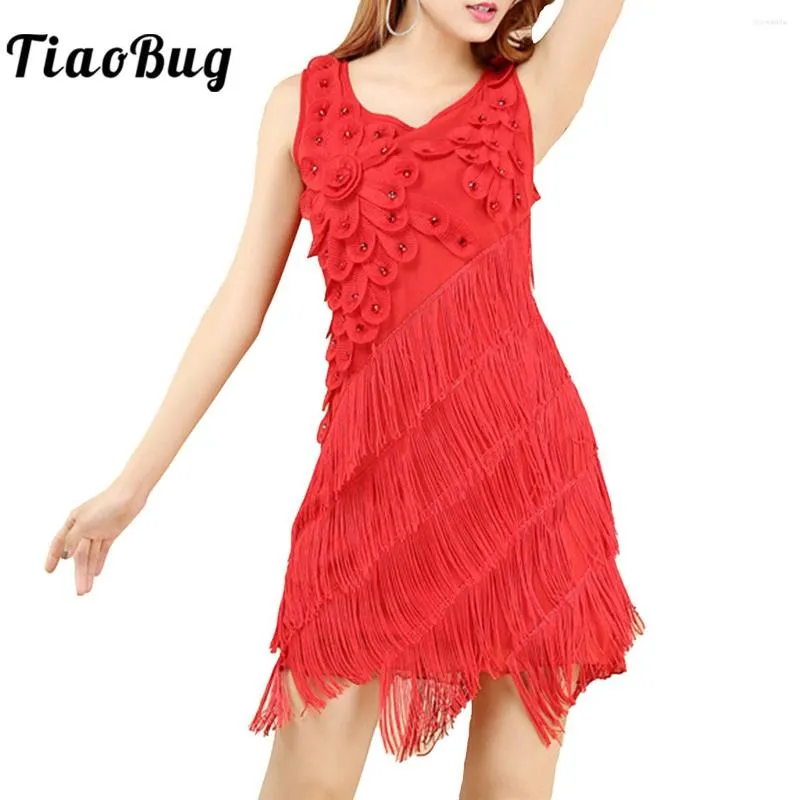 Stage Wear Women Flower Tassels Fringe Latin Dance Dress Vestido adulto Ritmo sem mangas Ritmo Samba Samba Tango Performance Dancewear