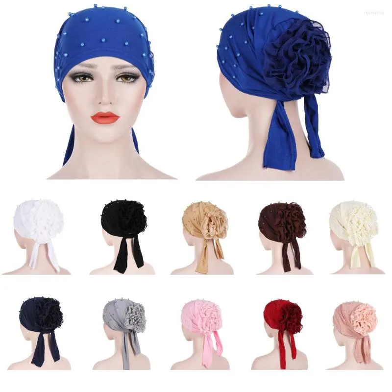 Abbigliamento etnico Perline Fiore Turbante Donne Musulmane Hijab Foulard Chemio Cap Perdita di capelli Copricapo Berretti Cappello a cuffia Copricapo Stretch Copricapo